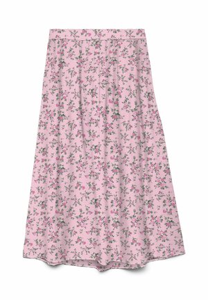 Jupe rose en ligne A avec un petit motif floral vert et rose et une taille ajustée.