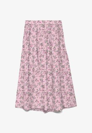 Jupe rose en ligne A avec un petit motif floral vert et rose et une taille ajustée.