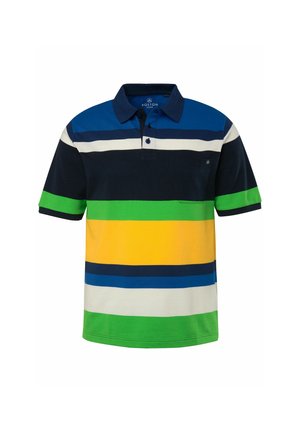 Poloshirt mit horizontalen Streifen in Blau, Weiß, Grün, Gelb und Marineblau. Verfügt über einen Kragen, eine Drei-Knopf-Leiste und eine Brusttasche.
