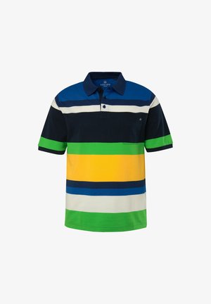 Poloshirt mit horizontalen Streifen in Blau, Weiß, Grün, Gelb und Marineblau. Verfügt über einen Kragen, eine Drei-Knopf-Leiste und eine Brusttasche.