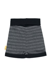 Černé a šedé šortky s texturovaným vzorem, širokým černým elastickým pasem a černým lemem na spodním okraji. Viditelná žlutá značková nálepka.