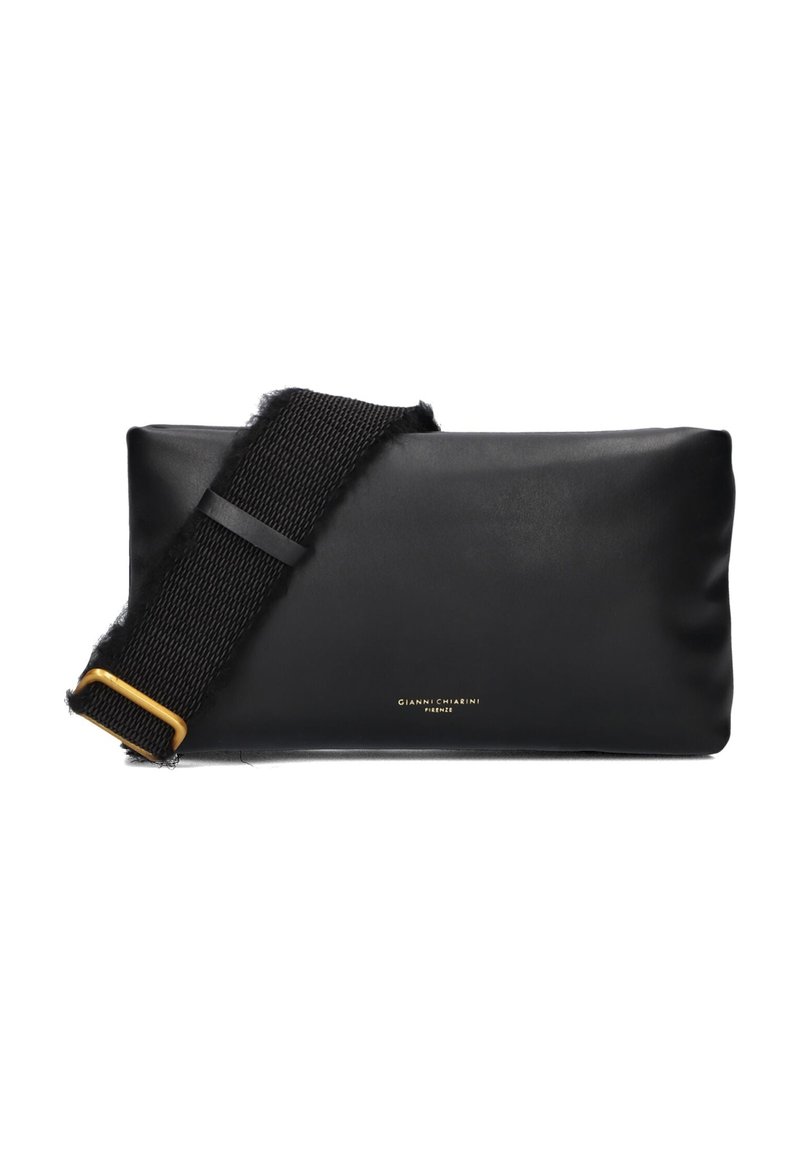 Schwarze Leder-Crossbody-Tasche mit rechteckiger Form, strukturiertem schwarzen Riemen und goldenen Hardware-Details. Mit Logo auf der Vorderseite.