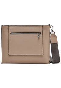 Borsa a tracolla sintetica beige con tasca frontale con zip, design piatto, tracolla regolabile e finitura liscia al tatto.