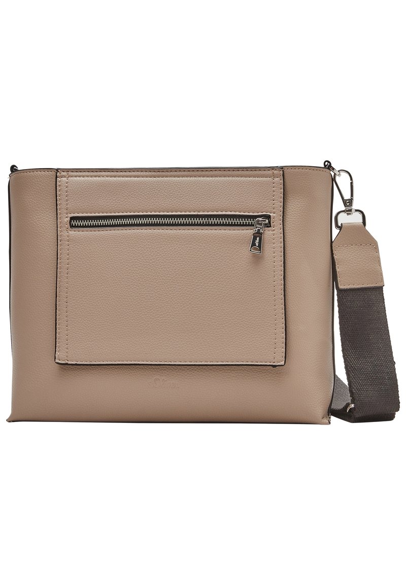 Borsa a tracolla sintetica beige con tasca frontale con zip, design piatto, tracolla regolabile e finitura liscia al tatto.