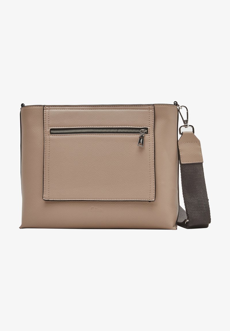 Borsa a tracolla sintetica beige con tasca frontale con zip, design piatto, tracolla regolabile e finitura liscia al tatto.