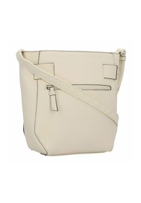 Beige, Kunstleder Umhängetasche mit minimalistischem Design. Sie verfügt über eine vordere Reißverschlusstasche und einen verstellbaren Tragegurt. Rechteckige Form.