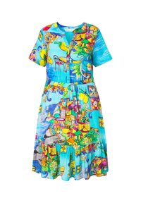 Kleid mit kurzen Ärmeln in Blau mit einem lebhaften, mehrfarbigen Design, das Muster von Gebäuden, Blumen und abstrakten Elementen zeigt. Knopfverschluss vorne.