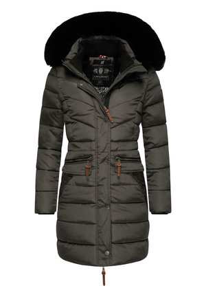 Padded long coat in dark gray with a detachable black faux fur hood, adjustable waist, dual zip pockets, and brown accent buttons.