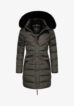 Padded long coat in dark gray with a detachable black faux fur hood, adjustable waist, dual zip pockets, and brown accent buttons.