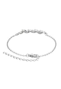 Silberarmband mit abwechselnd geschwungenen Gliedern und einem Kettenabschnitt, ausgestattet mit einem Karabinerverschluss für sicheren Halt. Polierte Oberfläche, elegantes Design.