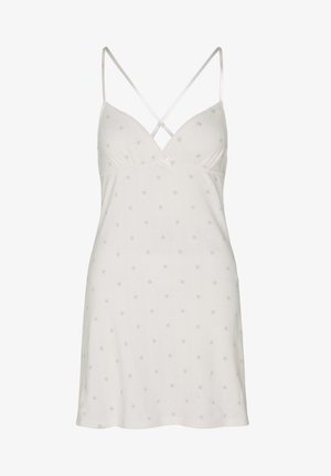 Weißes Slip-Kleid mit dünnen gekreuzten Trägern und kleinem blauem Blumenmuster überall.