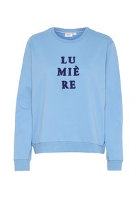 Svetlomodrý sveter s textom "LU MIE RE" v námorníckej vyšívanej, klasický strih, dlhé rukávy a rebrované manžety a lem.