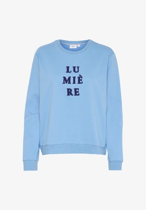 Light blue sweatshirt featuring "LU MIE RE" text in navy embroidery, crew neck, long sleeves, and ribbed cuffs and hem.