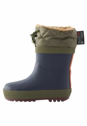 Botte d'hiver pour enfant bleu marine et vert olive avec guêtre matelassée, fermeture à cordon, doublure en fausse fourrure et semelle texturée.
