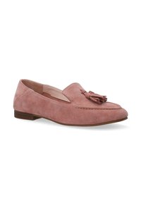 Rosa Wildlederschuhe mit flachem Absatz, die vorne mit einer dekorativen Fransenquaste und einer gestickten Verzierung entlang der Seiten versehen sind.