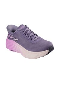 Zapatilla deportiva púrpura con una parte superior de tejido texturizado, cuello acolchado y suela rosa en contraste. Presenta la marca "MAX CUSHION" en el lateral.