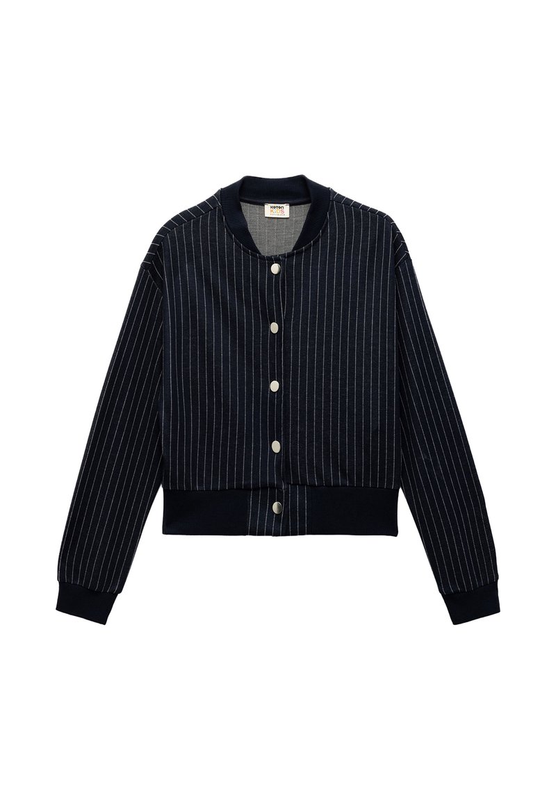 Marine gestreepte cardigan met een ronde kraag, knopen aan de voorkant, geribde manchetten en zoom, gemaakt van een zachte gebreide stof.