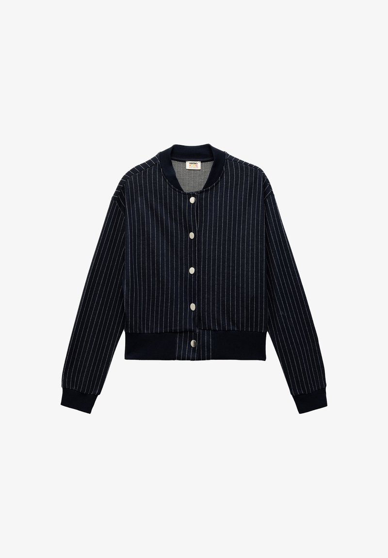 Marine gestreepte cardigan met een ronde kraag, knopen aan de voorkant, geribde manchetten en zoom, gemaakt van een zachte gebreide stof.