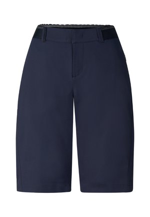 Donkerblauwe knielange shorts met riemlussen, een vlakke voorkant en een brede tailleband met contrasterende binnenstiksel.