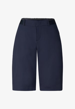 Donkerblauwe knielange shorts met riemlussen, een vlakke voorkant en een brede tailleband met contrasterende binnenstiksel.
