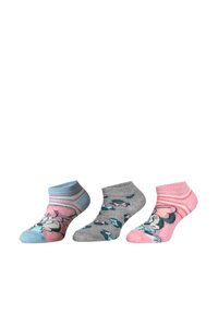Trois paires de chaussettes de cheville : rayures bleues et roses, grises avec un motif en forme de cœur, roses avec un design de personnage Disney, fabriquées en tissu doux.