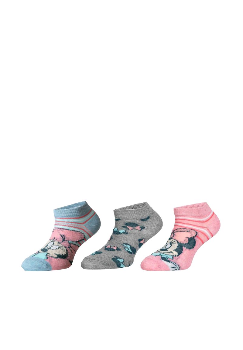 Trois paires de chaussettes de cheville : rayures bleues et roses, grises avec un motif en forme de cœur, roses avec un design de personnage Disney, fabriquées en tissu doux.