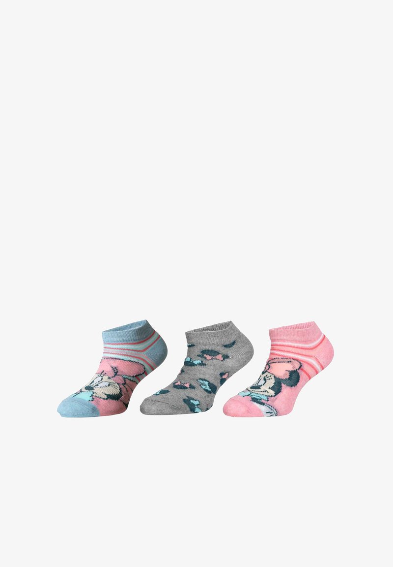 Trois paires de chaussettes de cheville : rayures bleues et roses, grises avec un motif en forme de cœur, roses avec un design de personnage Disney, fabriquées en tissu doux.
