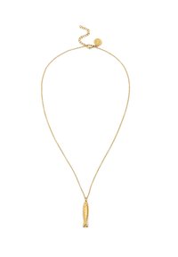 Collana con pendente in oro a forma di pesce, caratterizzata da dettagli intricati, sospesa su una sottile catena con chiusura regolabile.