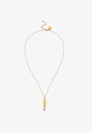 Golden Halskette mit einem fischförmigen Anhänger, der kunstvoll verziert ist, auf einer feinen Kette mit verstellbarem Verschluss.