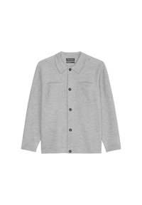 Gray button-up cardigan made of soft fabric, featuring a collar, two front pockets, and five dark buttons on the front.