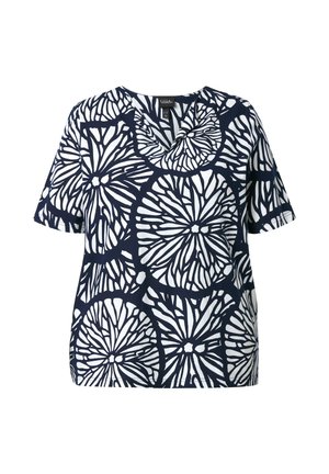 Marineblaues Kurzarmhemd mit großen, unregelmäßigen weißen kreisförmigen Blumenmustern und V-Ausschnitt-Kragen.