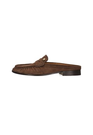 Brown suede backless loafer with a low dark wooden heel and a small gold emblem on the upper.