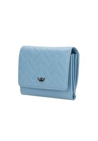 Portafoglio trapuntato blu chiaro con chiusura a pattina, dotato di un accento in logo argentato e di un comparto con zip sul lato.