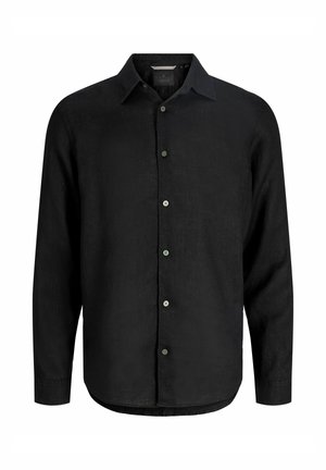 Svart langermet skjorte med knappelukking, klassisk krage og lett buet nederkant, vist på hvit bakgrunn.