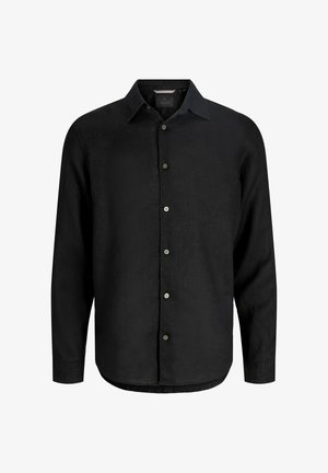 Svart langermet skjorte med knappelukking, klassisk krage og lett buet nederkant, vist på hvit bakgrunn.