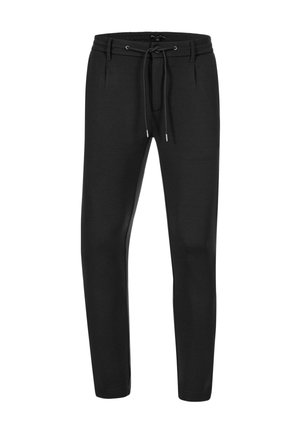 Pantalones de chándal negros y ajustados, fabricados con material suave, que presentan una cintura con cordón, bolsillos laterales y una textura suave.