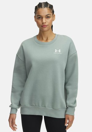 Green cotton sweatshirt with a crew neck, drop shoulders, ribbed cuffs, and hem. Features a small white logo on the chest.
