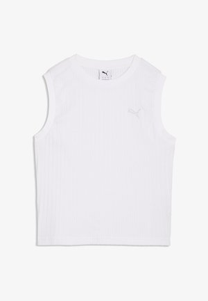 Biały, bezrękawnik z żebrowanego materiału, z okrągłym dekoltem i małym logo Puma na lewej piersi.
