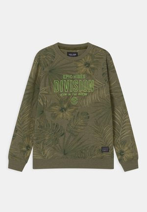 Felpa verde oliva a maniche lunghe con motivo di foglie tropicali, testo verde neon "Epic Vibes Division Icon In The Making" e polsini a coste.