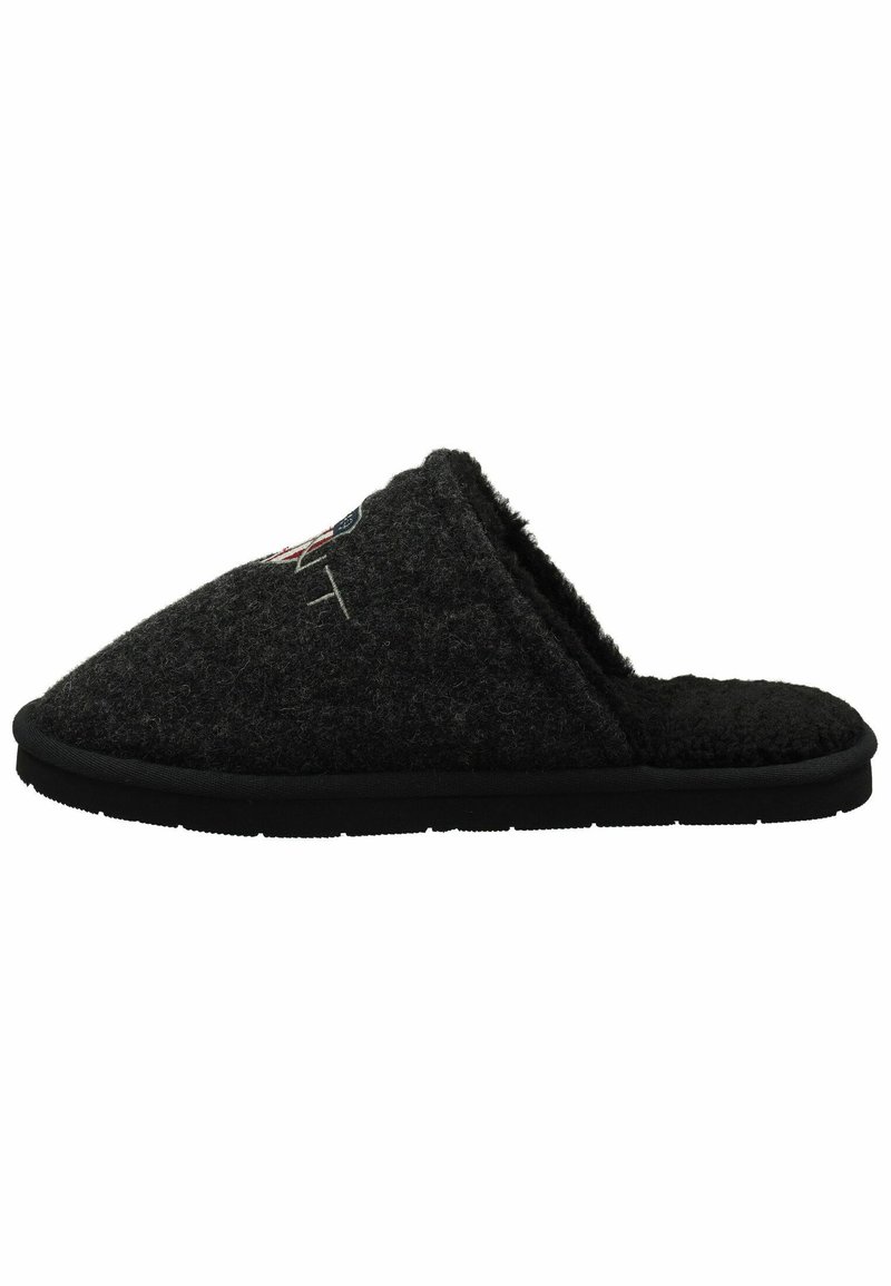 Zapatilla de fieltro negra con un exterior texturizado, interior suave, punta redondeada y parte trasera baja. Presenta un diseño bordado en la parte frontal.