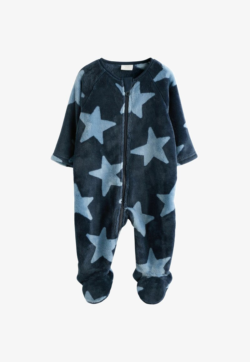 Tuta in pile navy con motivi di stelle azzurro chiaro, chiusura frontale con zip, maniche lunghe e design con piedi. Texture morbida su tutto il capo.
