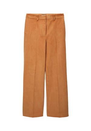 Pantalon en velours côtelé de couleur beige chaud, avec une coupe droite, des côtes verticales subtiles et une taille standard avec des passants de ceinture.