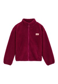 Fleece bunda v magentovej farbe s vysokým golierom, predným zipsom a dvoma bočnými vreckami. Obsahuje malé nášivku na hrudi.