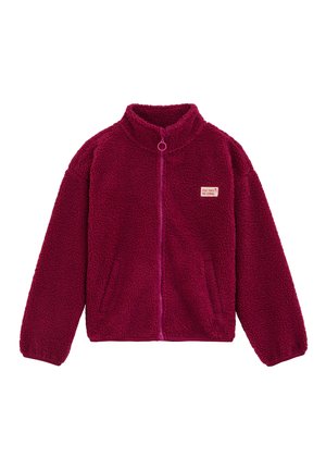 Veste en polaire magenta avec un col haut, une fermeture éclair à l'avant et deux poches latérales. Présente un petit logo en patch sur la poitrine.