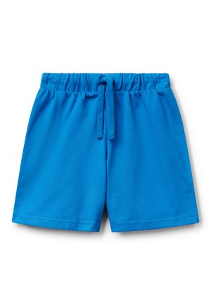 Blaue Baumwollshorts mit elastischem Bund, Kordelzugverschluss und glatter Textur. Gerade Säume und keine sichtbaren Muster oder Akzente.