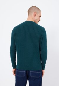 Tauwijfkleurige gebreide trui met een textuur, kabelpatroon, geribbelde manchetten en zoom, getoond vanaf de achterkant. G gedragen met een donkere spijkerbroek.