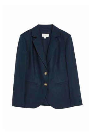 Blazer bleu marine en tissu texturé, avec un revers cranté, deux poches avant et deux boutons dorés sur la fermeture avant.