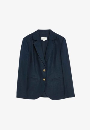 Námořnický modrý blazer vyrobený z texturované látky, s klopovým límcem, dvěma předními kapsami a dvěma zlatými knoflíky podél předního zapínání.