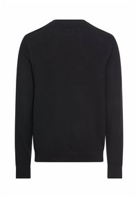 Pull en maille noire avec un motif texturé, col rond et manches longues. Comprend des poignets et un ourlet côtelés pour une coupe ajustée.