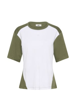 Short-sleeve crew neck T-shirt with white front panel and olive green sleeves and side panels.
